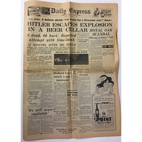 354 - An original Daily Express newspaper, dated 9 Nov 1939, with the headline 'Hitler Escapes Explosion I... 