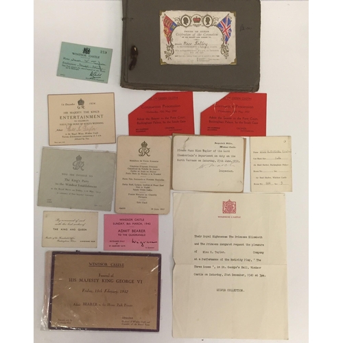 A collection of personal Royal invitations & passes given to a member of Royal Household staff, Miss K Taylor. To include 01/12/1934 HRH Duke of Kent wedding invitation & pass, 12/05/1937 Coronation Procession pass, 21/05/1937 The King's Party to the Windsor Establishment invitation, 18/06/1937 Royal Ascot menu, Christmas 1939 Best Wishes card, 08/03/1942 Windsor Castle invitation, 15/02/1952 King George VI Windsor Castle funeral invitation, 21/12/1940 Princesses Elizabeth & Margaret Nativity Play, Windsor Castle invitation, 25/06/1932 official on-duty pass,  Air-Raid Shelter Windsor Castle pass & Windsor Castle Support Staff pass.