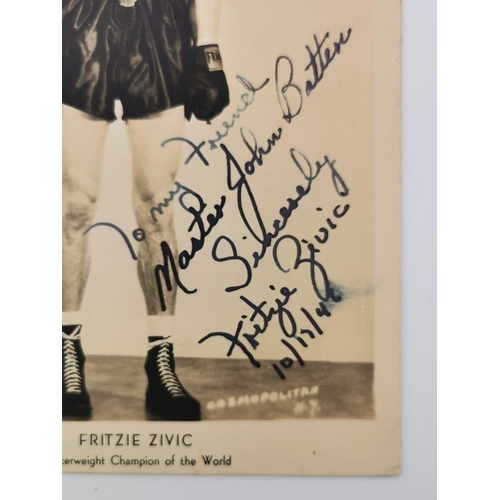 453 - A signed/dedicated photo of the boxer, Fritzie Zivic (USA 1913-1984). Fritzie Zivic was a profession... 