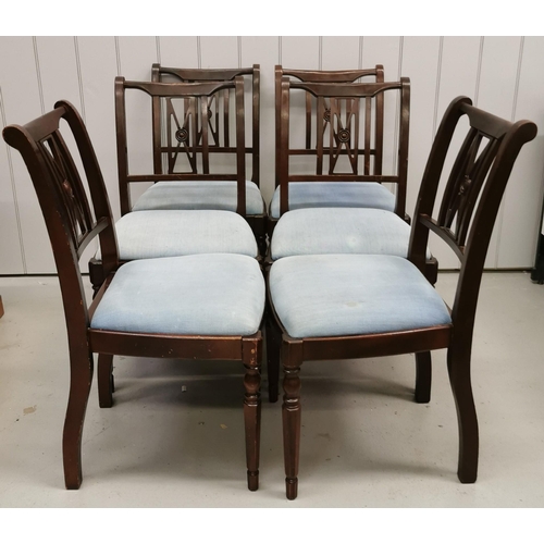 153 - A set of six dining chairs, with blue fabric seat pads. Dimensions(cm) H85(45 to seat), W49, D44.