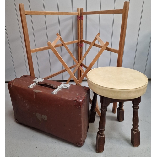 88 - A mixed lot of four vintage items. To include two clothes airers, suitcase & reproduction stool. Sto... 