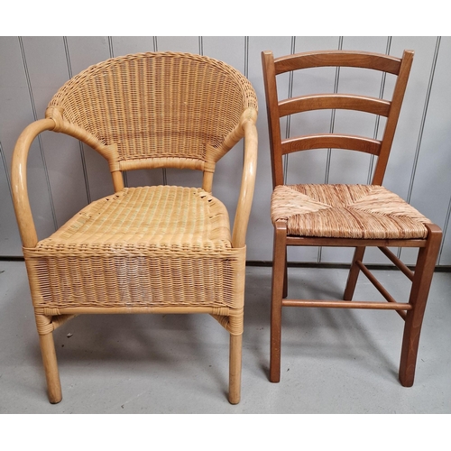 115 - A vintage cane armchair, together with a woven-seat hall chair. Respective dimensions(cm) H85/86(45/... 