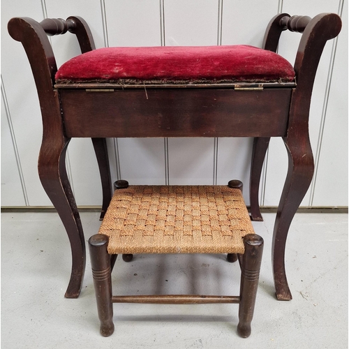 116 - A vintage piano stool, together with a woven footstool. Respective dimensions(cm) H61/23, 56/32, 38/... 