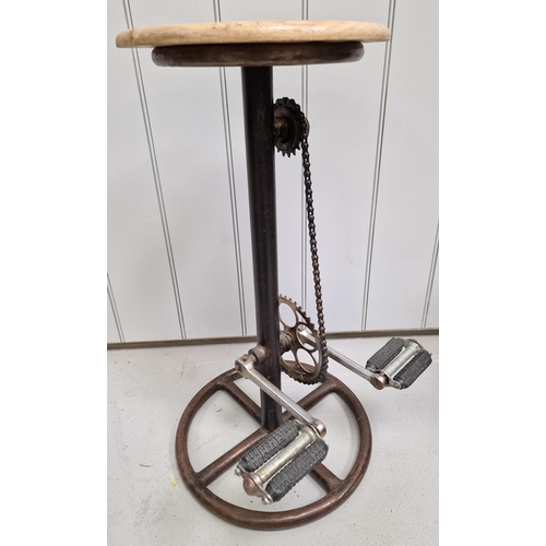 122 - A superb set of three 'bicycle pedal' kitchen stools. Each has a wooden seat, rustic steel base & (s... 