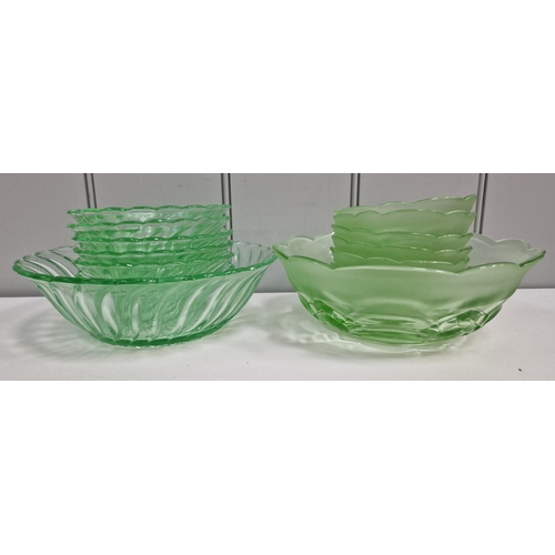 124 - Two sets of retro green glass dessert dishes. Each includes a serving bowl & six dishes.