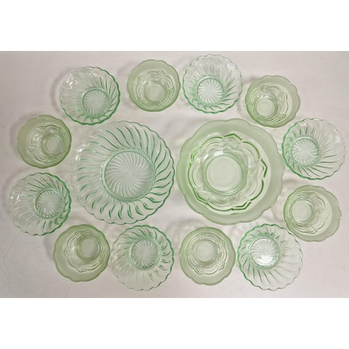 124 - Two sets of retro green glass dessert dishes. Each includes a serving bowl & six dishes.