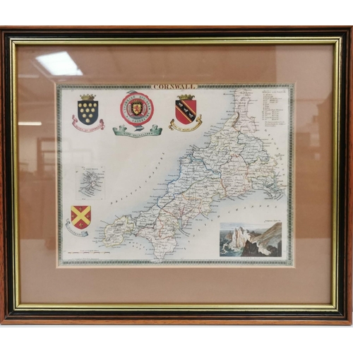 130 - A vintage, framed map of Cornwall. Dimensions cm H32 W38.