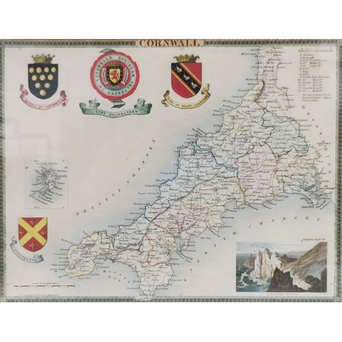 130 - A vintage, framed map of Cornwall. Dimensions cm H32 W38.