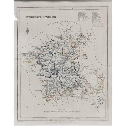 134 - A framed, antique map of Worcestershire, by Creighton, c.1848. Framed dimensions (cm) H38, W30.