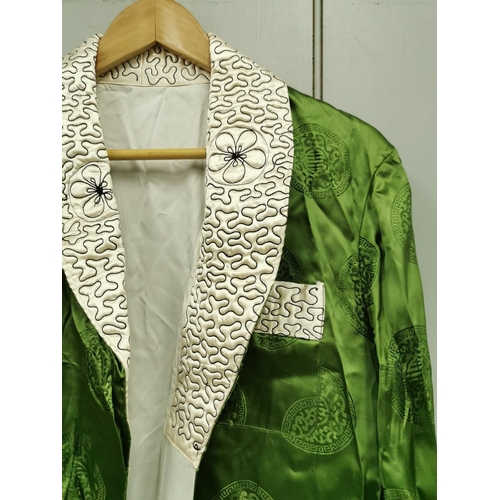 839 - A mid-century, hand-embroidered Japanese silk Kimono, in lime green, with a cream & patterned detail... 