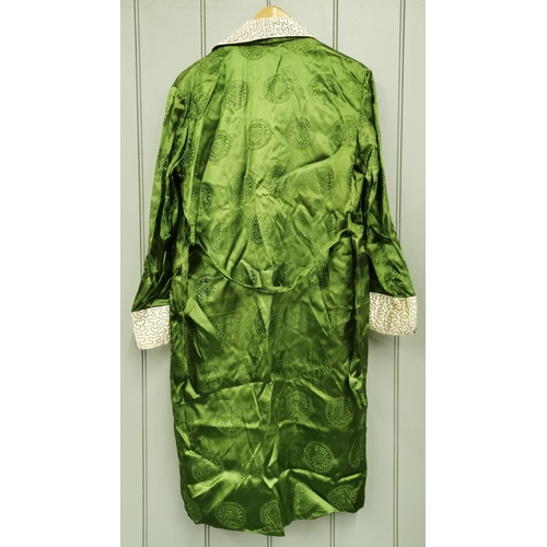 839 - A mid-century, hand-embroidered Japanese silk Kimono, in lime green, with a cream & patterned detail... 