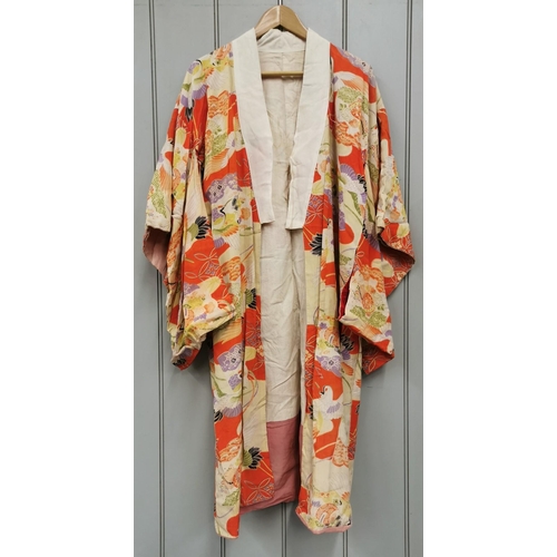 840 - A mid-century, hand-embroidered Japanese silk Kimono, in striking orange & cream, with a crane & flo... 