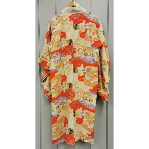 840 - A mid-century, hand-embroidered Japanese silk Kimono, in striking orange & cream, with a crane & flo... 