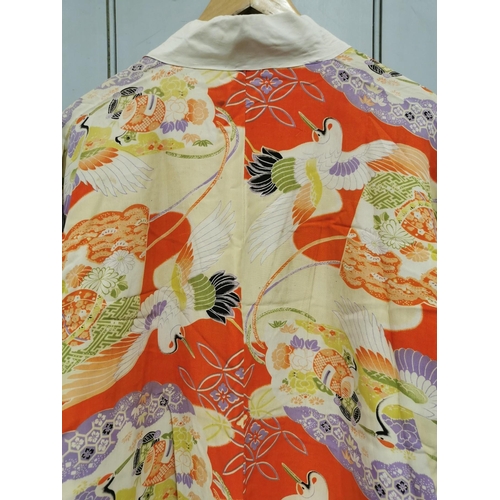 840 - A mid-century, hand-embroidered Japanese silk Kimono, in striking orange & cream, with a crane & flo... 