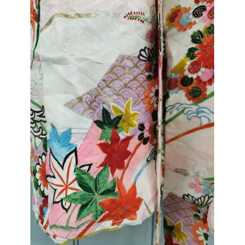 842 - A mid-century, hand-embroidered Japanese silk Kimono, in pink & white, with maple leaf & floral desi... 