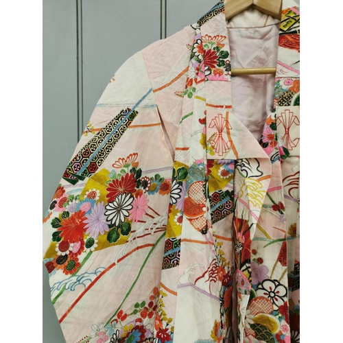 842 - A mid-century, hand-embroidered Japanese silk Kimono, in pink & white, with maple leaf & floral desi... 