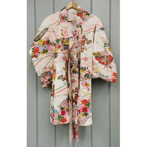 842 - A mid-century, hand-embroidered Japanese silk Kimono, in pink & white, with maple leaf & floral desi... 