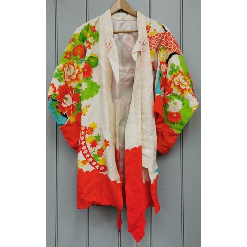 843 - A mid-century, hand-embroidered Japanese silk Kimono, in striking orange & white, with a lotus flowe... 