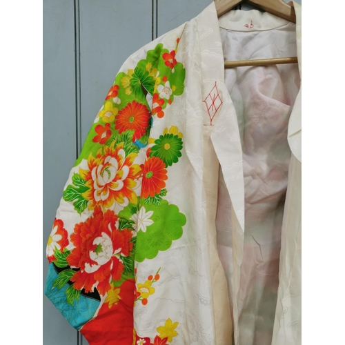 843 - A mid-century, hand-embroidered Japanese silk Kimono, in striking orange & white, with a lotus flowe... 