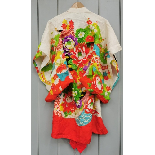 843 - A mid-century, hand-embroidered Japanese silk Kimono, in striking orange & white, with a lotus flowe... 