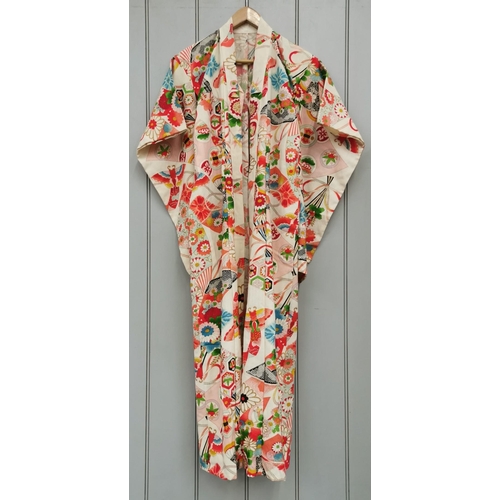 844 - A mid-century, hand-embroidered Japanese silk Kimono, in multi-coloured floral design.