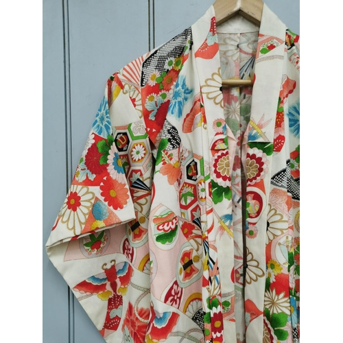 844 - A mid-century, hand-embroidered Japanese silk Kimono, in multi-coloured floral design.