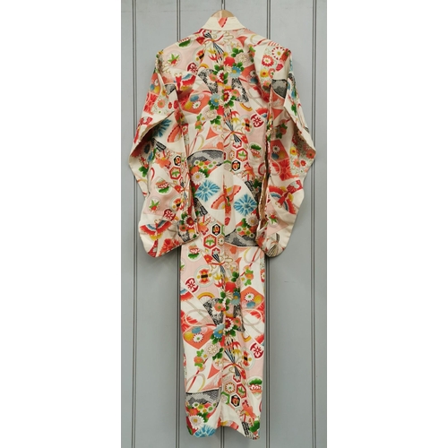 844 - A mid-century, hand-embroidered Japanese silk Kimono, in multi-coloured floral design.