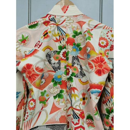 844 - A mid-century, hand-embroidered Japanese silk Kimono, in multi-coloured floral design.