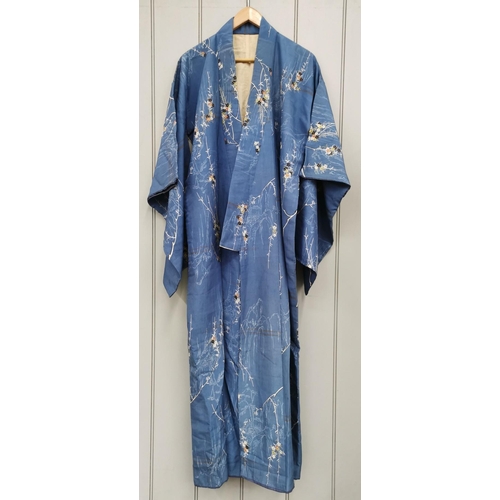 845 - A mid-century, hand-embroidered Japanese silk Kimono, in striking blue, with a reed & landscape desi... 