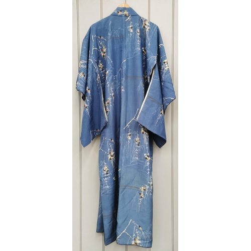 845 - A mid-century, hand-embroidered Japanese silk Kimono, in striking blue, with a reed & landscape desi... 