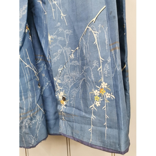 845 - A mid-century, hand-embroidered Japanese silk Kimono, in striking blue, with a reed & landscape desi... 