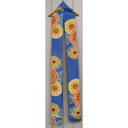 846 - A mid-century, hand-embroidered Japanese silk Obi Sash, in blue with an orange & green floral design... 