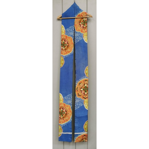 846 - A mid-century, hand-embroidered Japanese silk Obi Sash, in blue with an orange & green floral design... 