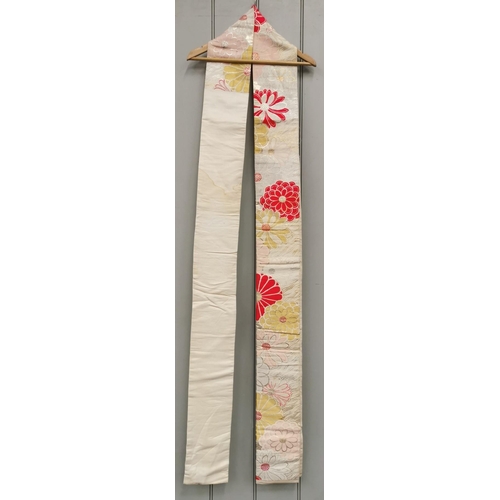 847 - A mid-century, hand-embroidered Japanese silk Obi Sash, in white with a red, pink, silver & gold flo... 