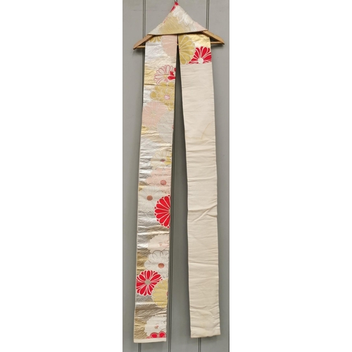 847 - A mid-century, hand-embroidered Japanese silk Obi Sash, in white with a red, pink, silver & gold flo... 