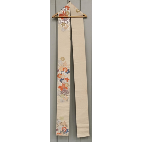 848 - A mid-century, hand-embroidered Japanese silk Obi Sash, in cream with an orange, blue & silver flora... 