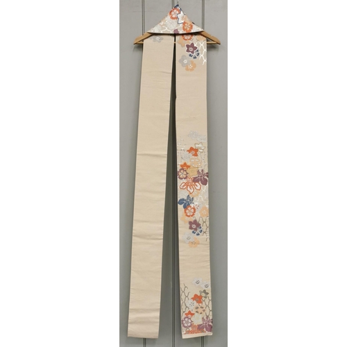 848 - A mid-century, hand-embroidered Japanese silk Obi Sash, in cream with an orange, blue & silver flora... 