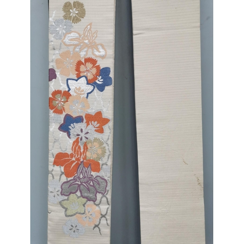 848 - A mid-century, hand-embroidered Japanese silk Obi Sash, in cream with an orange, blue & silver flora... 