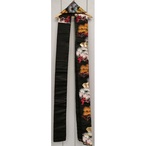 849 - A mid-century, hand-embroidered Japanese silk Obi Sash, in black with a striking blue, orange & whit... 