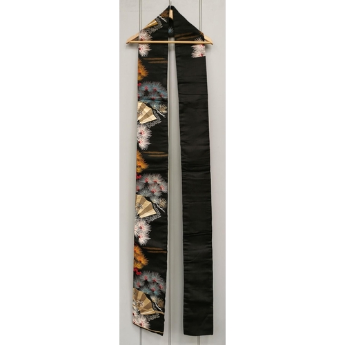 849 - A mid-century, hand-embroidered Japanese silk Obi Sash, in black with a striking blue, orange & whit... 