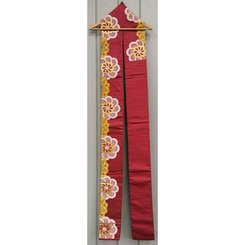 850 - A mid-century, hand-embroidered Japanese silk Obi Sash, in red, with a white, yellow, blue & gold fl... 