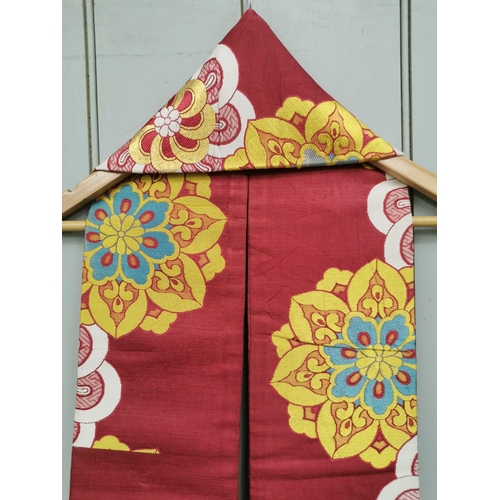 850 - A mid-century, hand-embroidered Japanese silk Obi Sash, in red, with a white, yellow, blue & gold fl... 