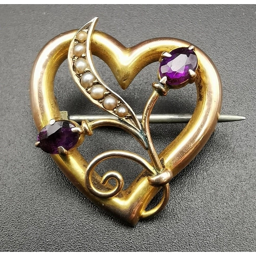 884 - A vintage, heart-shaped, 9ct gold brooch, with pearls & amethyst stones. Maker 'H&N', weight approxi... 