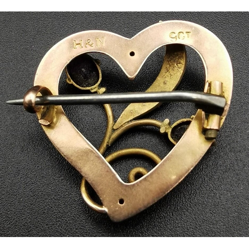 884 - A vintage, heart-shaped, 9ct gold brooch, with pearls & amethyst stones. Maker 'H&N', weight approxi... 