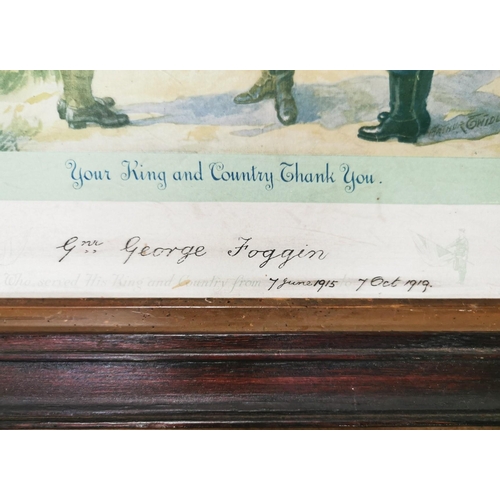 100 - A framed, WWI 'Your King and Country Thank You' print, for service 07/06/1915 to 07/10/1919. Present... 