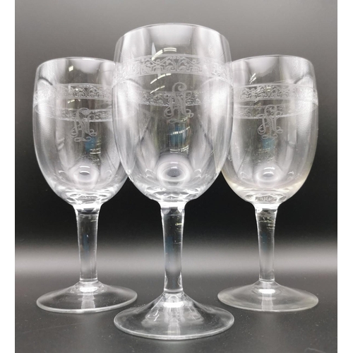 A rare set of three WWII German wine glasses from the Officers' Mess of the SS bodyguard unit of Adolf Hitler. Monogrammed 'LAH'. Each 15.5cm tall.