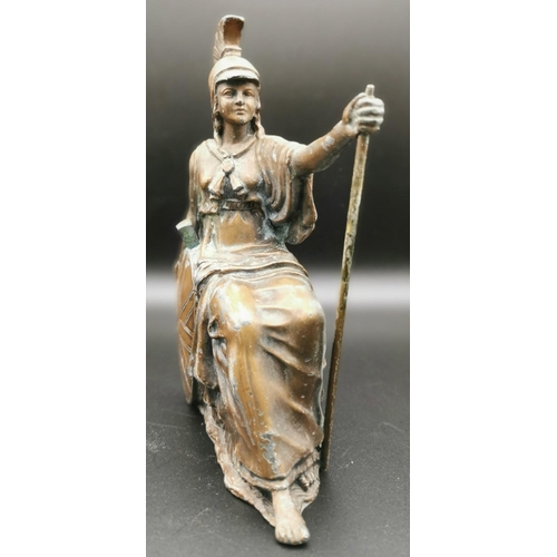 404 - A cast Britannia figurine. Sole indicates originally fixed to a base. Missing Trident prongs. Height... 