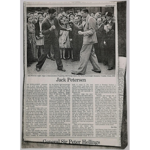 452 - A signed trifold collector's photo & newspaper cutting of the boxer, Jack Petersen (British 1911-199... 