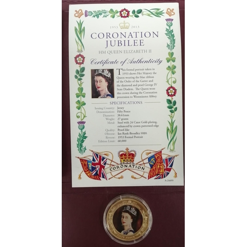 1664 - A collection of commemorative coins. To include 1953-2013 Queen's Jubilee Jersey gold-plated, proof-... 