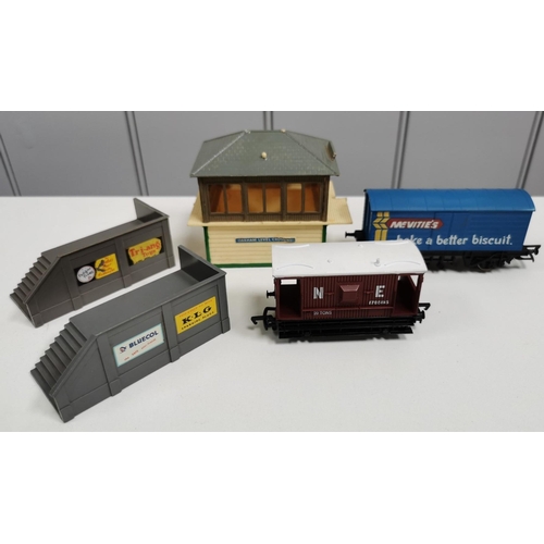 2771 - A selection of model rail accessories. To include a vintage transformer (untested), two wagons, stat... 